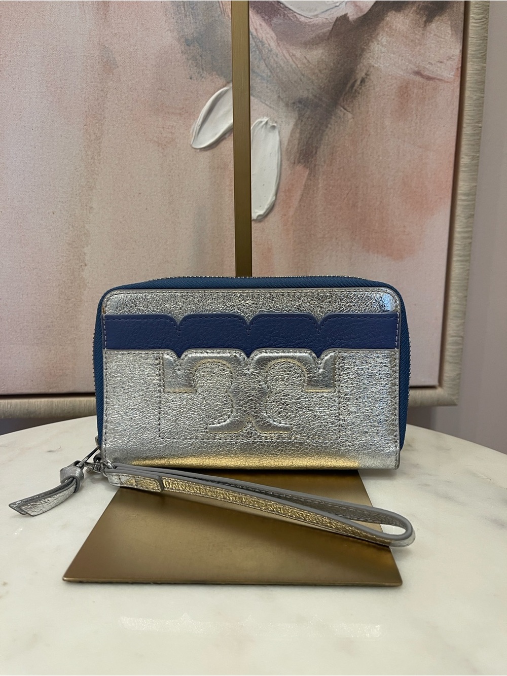 Tory Burch Silver and Navy Zip-Around Wristlet